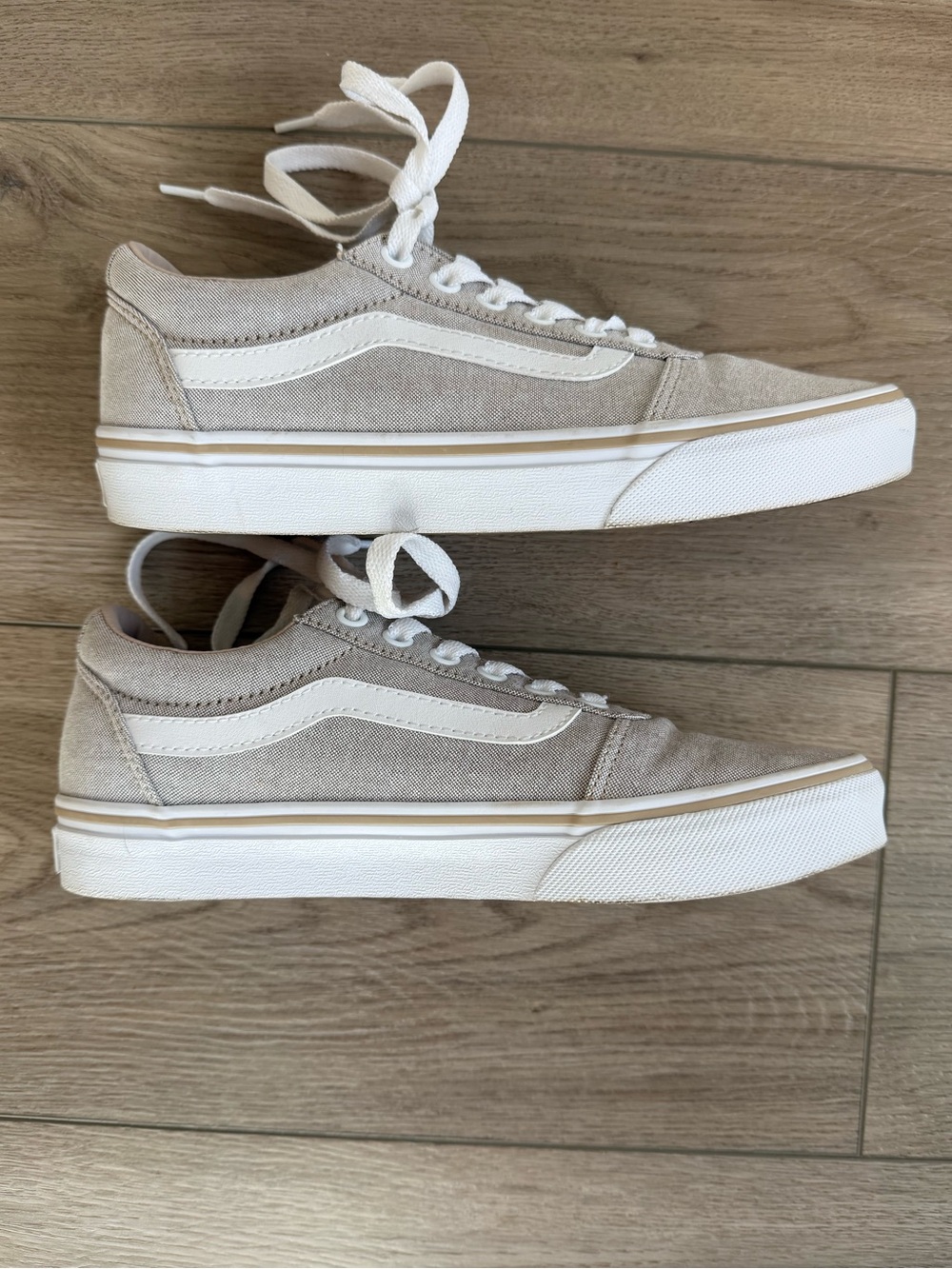 Vans Women’s Old Skool Canvas Sneakers in Taupe and White - Picture 4 of 8